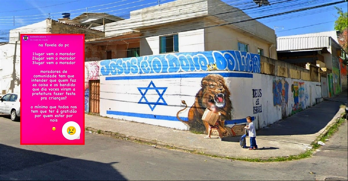 Foto mostra muro com "slogan" da facção; no detalhe, mensagem cobra "gratidão" dos moradores aos bandidos